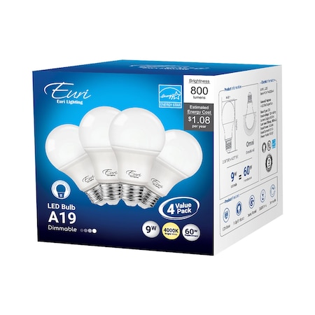 Euri Lighting LED A19 60W Dim ES, PK4 EA19-6040e-4